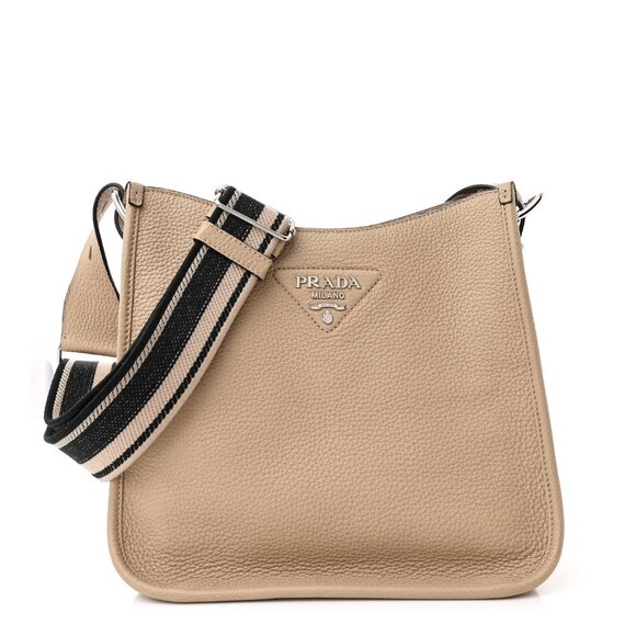 Prada Vitello Daino Soft Hobo Messenger Bag Sabbia Logo Strap Shoulder Bag - Picture 1 of 9